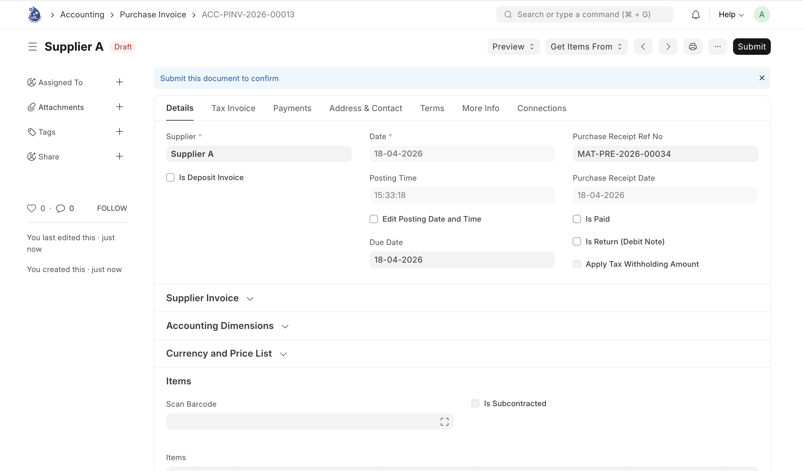 บันทึก Purchase Invoice