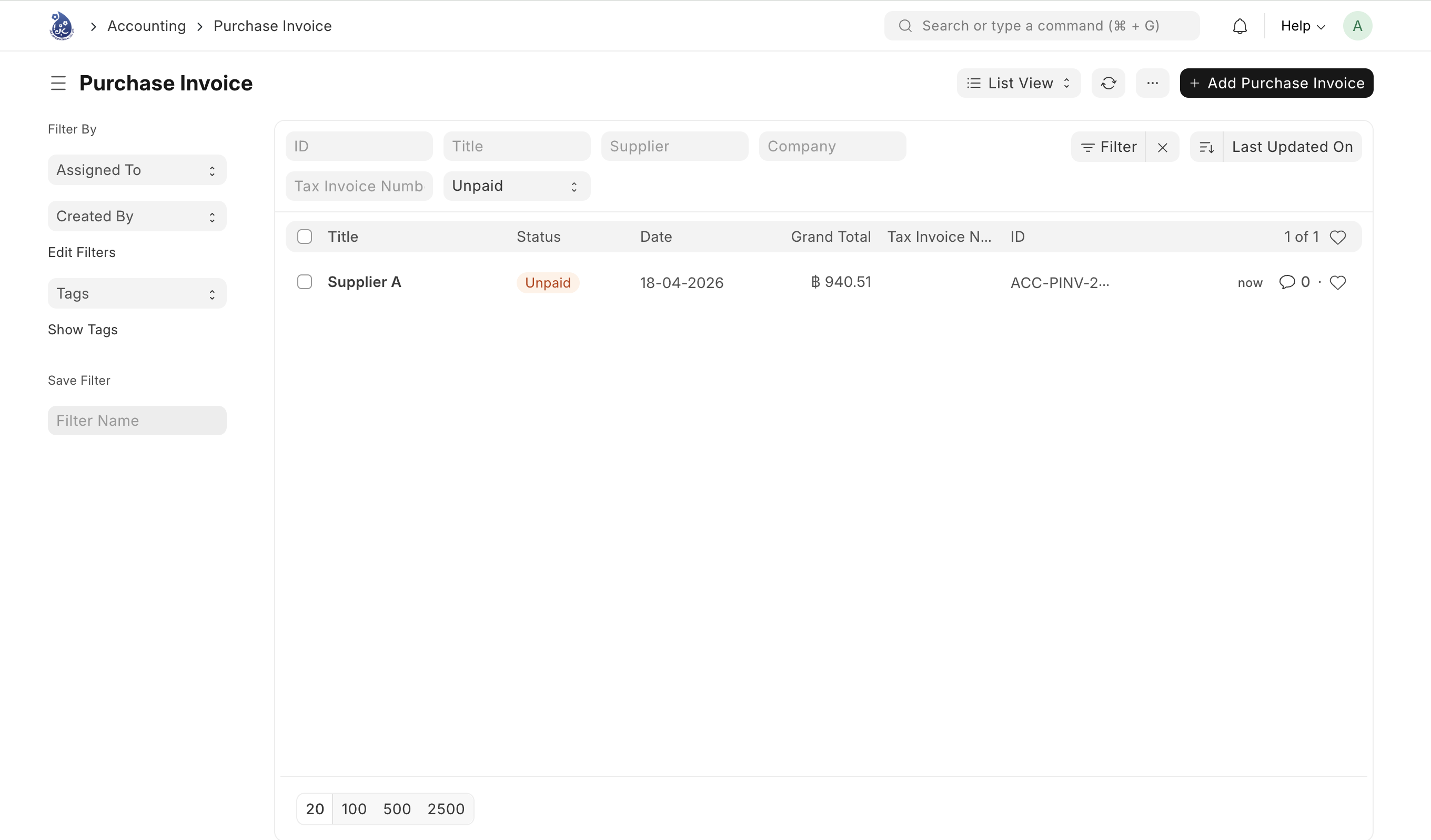 Submit Purchase Invoice - สถานะ Unpaid